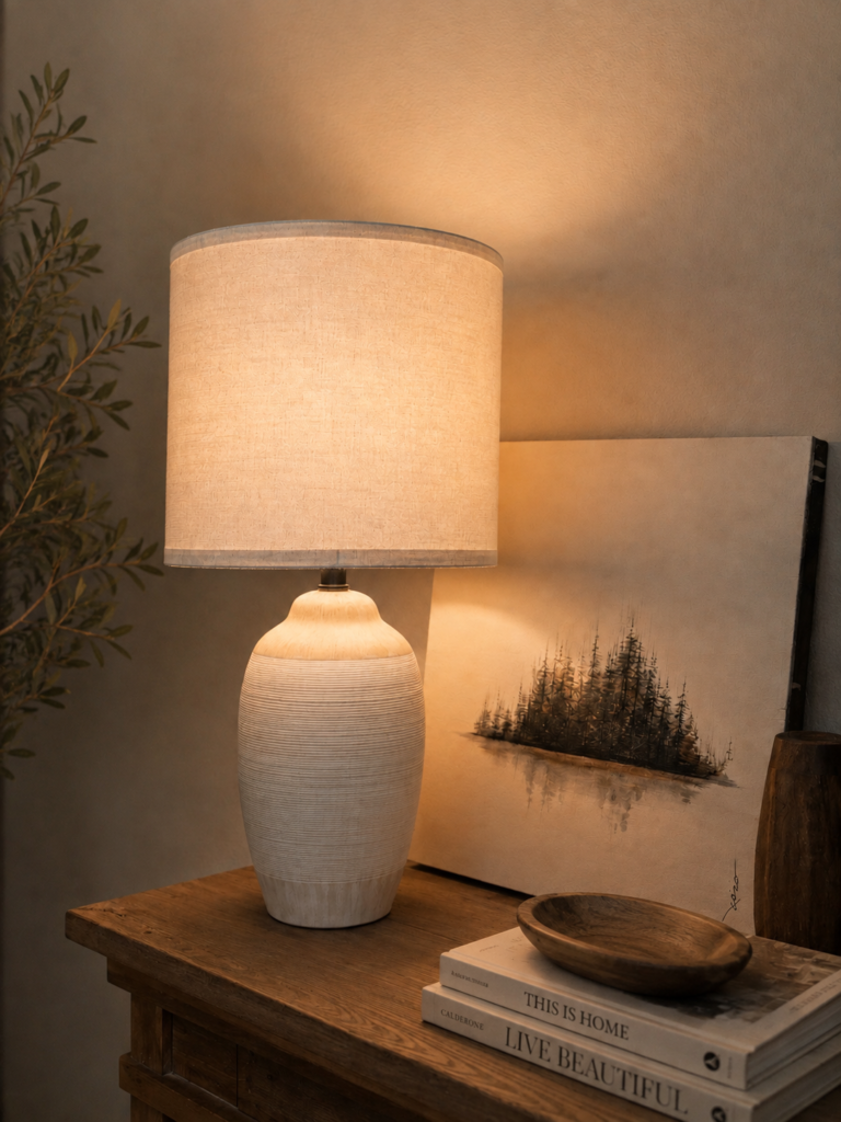 Warm ambient lighting from a white ceramic table lamp on a wooden console table.