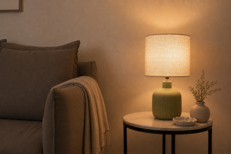 8AC7D437 FB67 4D08 BE5D C3EA909079B6 Cozy green living room lamps setup next to a brown soft