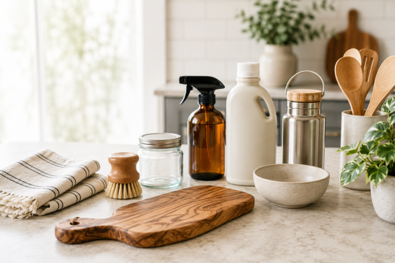 Learning how to choose better home products arranged on a bright modern kitchen counter with wooden, glass, stainless steel, and natural textile items.