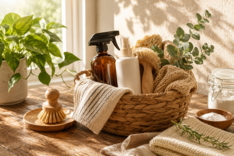 Warm, natural non-toxic cleaning products and supplies arranged in a woven basket on a wooden table in a sunlit home, including bottles, brushes, cloths, and greenery.