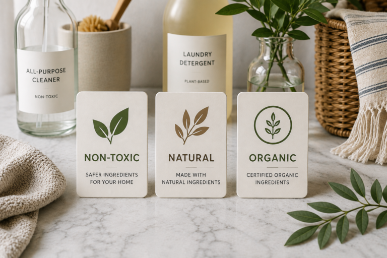 Non-toxic vs natural vs organic home products displayed with cleaning supplies.