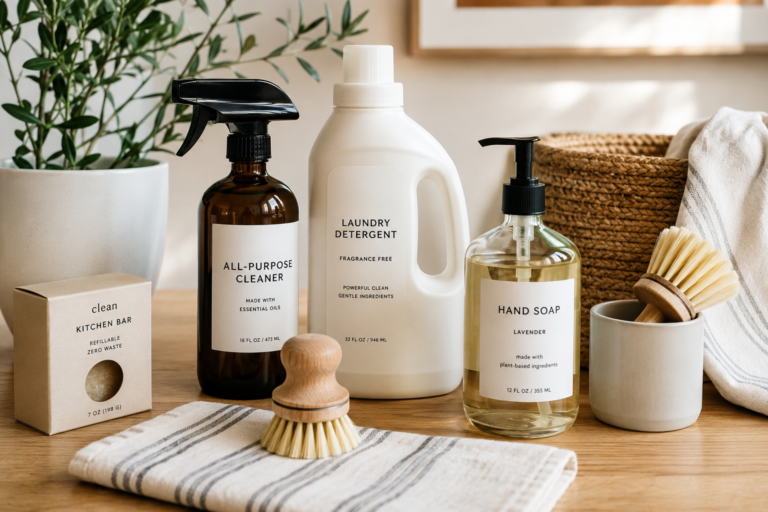 Household cleaning products and home essentials arranged on a neutral countertop to answer what makes a home product a better choice