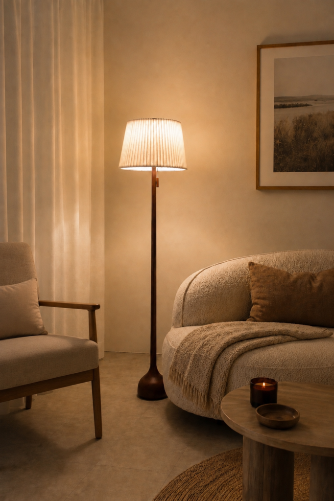 Warm glowing table lamp with a pleated shade for a cozy living room lamps setup.
