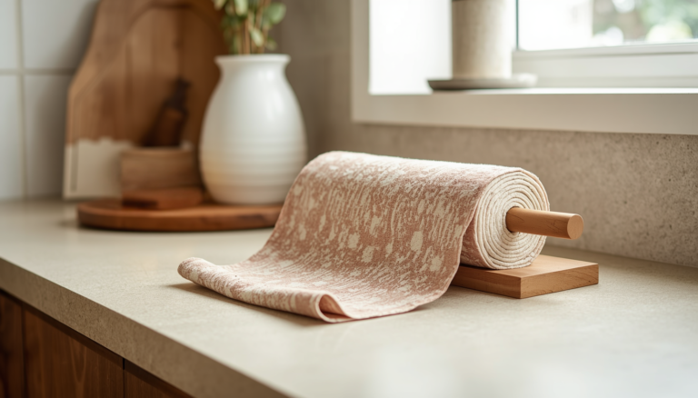 Patterned and the best reusable paper towel rolled around a wooden holder on a kitchen countertop.