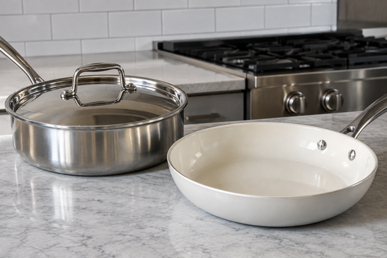 Codex Image Sep 13 2026 05 55 50 PM Stainless steel vs ceramic cookware side by side on a modern kitchen countertop.