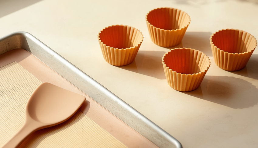 Is silicone toxic? Silicone baking mat, spatula, and muffin cups in a kitchen