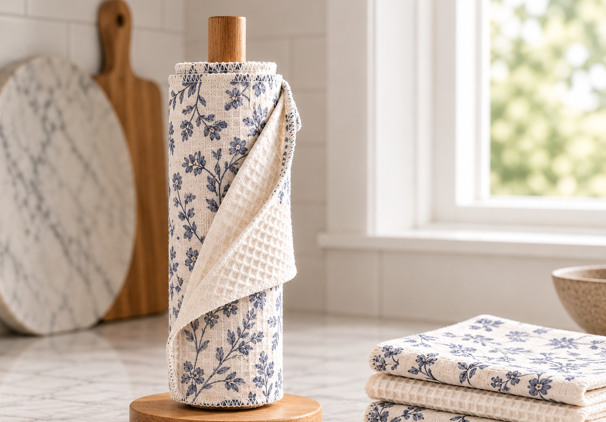 Reusable Paper Towels 2nd Photo e1788713150145 Reusable paper towels on a wooden holder in a modern kitchen