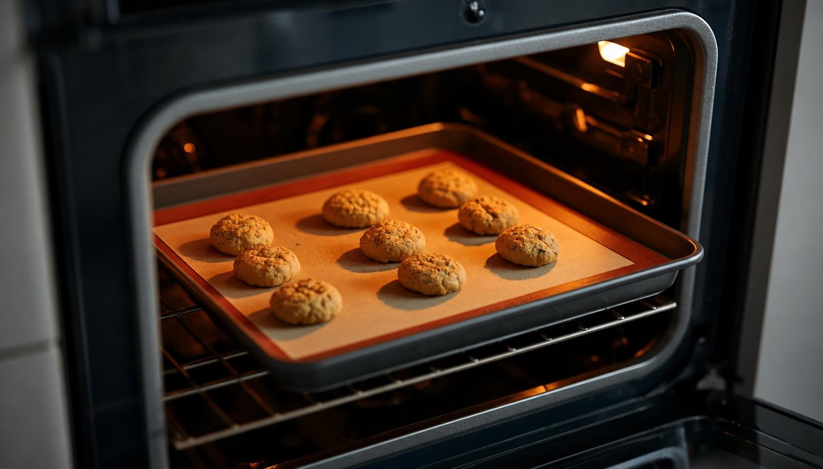 Is silicone toxic? Silicone baking mat with cookies heating inside an oven