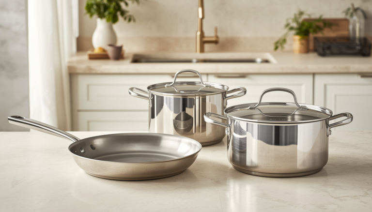 Uncoated stainless steel frying pan and lidded pots in a neutral kitchen