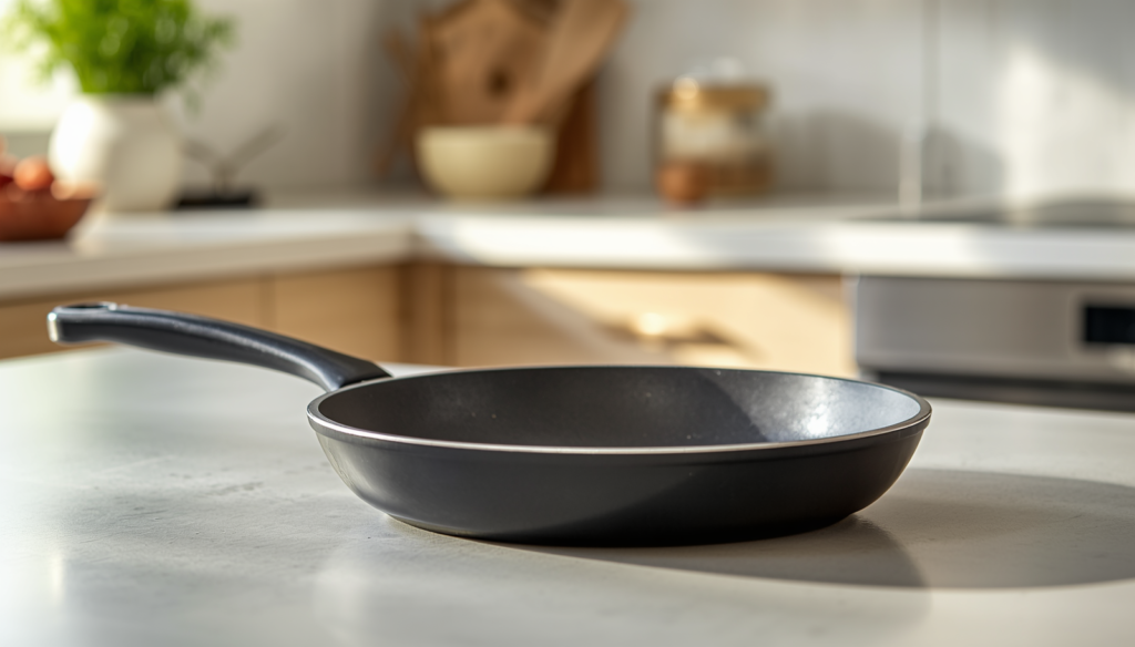 PFAS-free frying pan on a modern kitchen countertop.