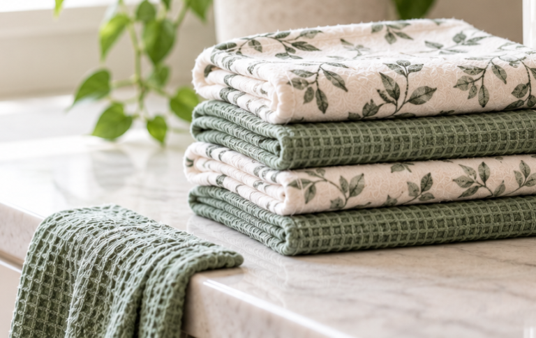 Stack of reusable paper towels on a kitchen counter